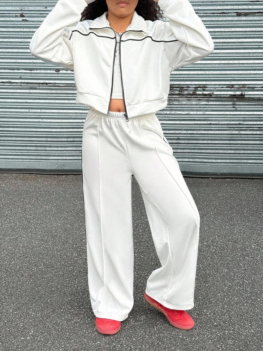 SHEIN Explorewe 2 件 Tween Girl ME 秋冬套装,宽松休闲街头插肩色块高领拉链连帽衫和阔腿裤,适合休闲、通勤、街头风格、聚会 - 白色 - 查看 1