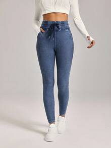 SHEIN Tall 女式休闲水洗高腰修身牛仔裤 - 深色水洗藍 - 查看 5