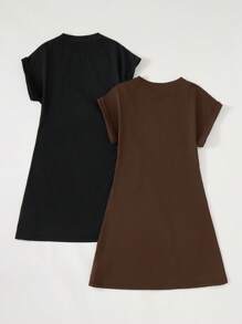 SHEIN BASICS 2件/組 女款休閒素色針織圓領短袖迷你洋裝 夏季服飾 - 咖啡 - 查看 4