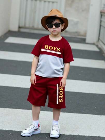 Genkimix Kids 2pcs/Set Young Boy Casual Sports College Street Cute Cool BOYS Letter Contrast Color Short Sleeve T-Shirt + Shorts, Suitable For Daily Wear, School, Outings, Sports, Spring/Summer Season. Boys Wearing This Set Will Feel Comfortable And Present A Casual And Fashionable Image. This Children's Clothing Set Will Become A Practical And Fashionable Choice In The Wardrobe For Young Boys During The Back-To-School Season.