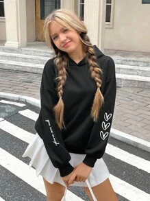 SHEIN 青少年女孩愛心和標語圖案連帽衫