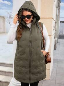 EMERY ROSE Plus Size Women Zipper Front Pockets Drawstring Hooded Sleeveless Winter Jacket,Winter Clothes,Chic Autumn&Winter Fall - Army Green - View 4
