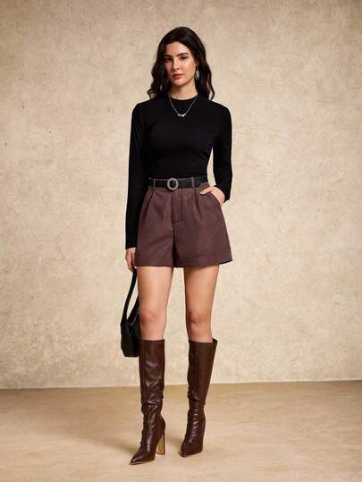 House of One Solid Woven High-Waist Rolled Hem Women Shorts Casual Business Spring Autumn Women Brown Shorts Brown Tailored Shorts High Waisted Brown Shorts Brown Dressy Shorts