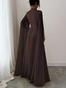 Elenzga 女士优雅法式浪漫度假风沙滩裙，雪纺透明面料，镂空领口，后背交叉系带，喇叭长裙，长袖，开衩袖口，适合下午茶、派对、中东风格、春夏季 - 棕色 - 查看 2