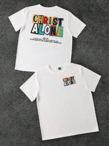 Manfinity Dauomo 男士休闲标语印花短袖 T 恤，夏季 - 白色 - 查看 1