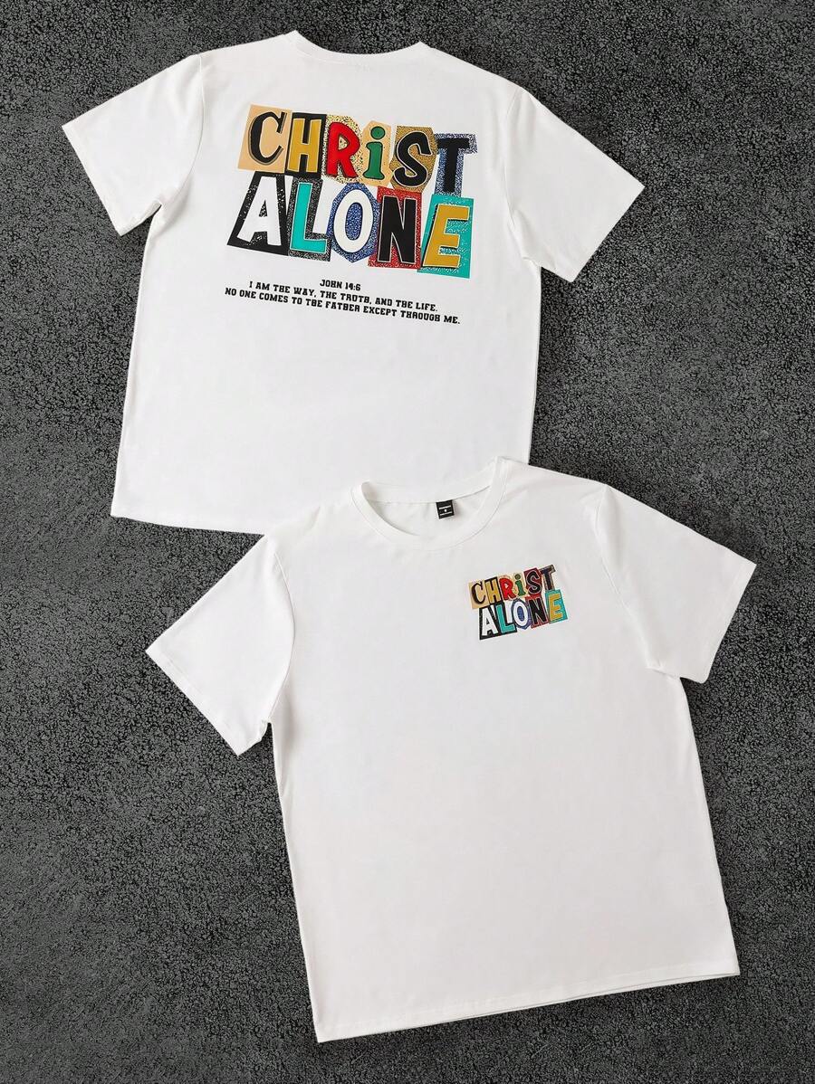 Manfinity Dauomo 男士休闲标语印花短袖 T 恤，夏季 - 白色 - 查看 1