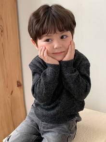 DAZY 幼儿男童圆领纯色韩版百搭长袖毛衣，春秋季 - 灰色 - 查看 6