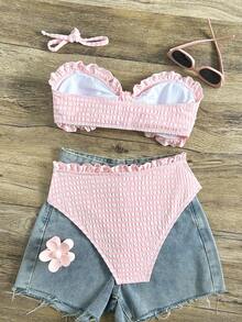 Swim Mod Bộ đồ bơi đi biển cho nữ, vải kẻ sọc hồng trắng có họa tiết, viền nhún bèo, dây đeo rời, thiết kế bandeau, bộ đồ bơi đi biển thường ngày thời trang và ngọt ngào - Hồng - Xem 3