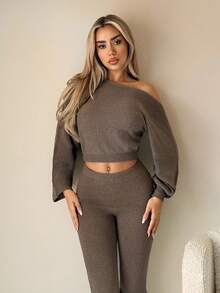 SHEIN ICON Women's Asymmetric Sleeve Design Loose Blouse And Flare Pants Knit Two Pieces Set - Grey - View 1