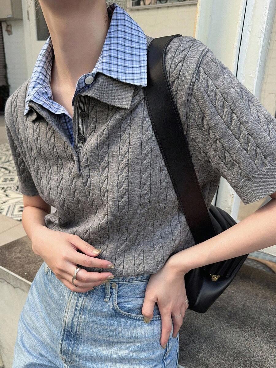 女式格子拼布针织毛衣 - 藏蓝色 - 查看 1
