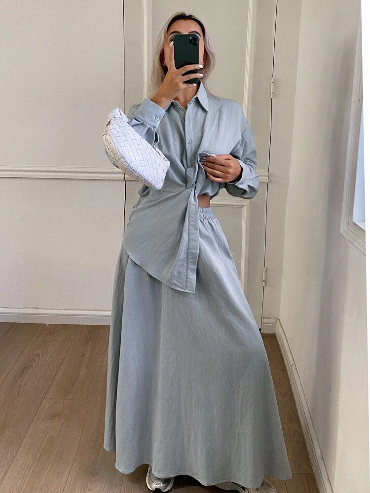 2pcs Women's Casual Solid Color Twist Knot Loose Shirt And Wide Leg Maxi Pants Set
