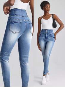 Slaydiva Calça Jeans Skinny de Cintura Alta Lavado Casual Feminino - Azul - Visão 7