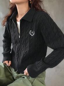 FRIFUL 女式数字刺绣长袖拉链休闲针织开衫夹克 - 黑色 - 查看 2