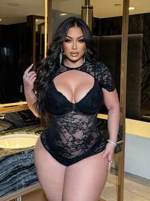 NU&NOW Plus Size Fashionable Elegant Sexy Lace Bodysuit - Black - View 3