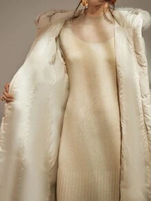 DAZY 女士优雅拼布毛领腰带厚垫长款大衣，秋冬 - 白色 - 查看 8