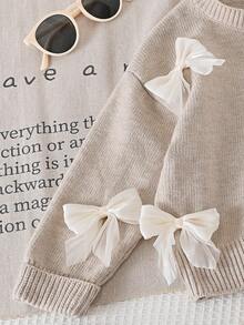 SHEIN Playful Pals Girls' Fashionable Cute Bow Knit Sweater Paired With Casual Straight Pants, Suitable For Home, Outing, Party, Back To School Fall Winter