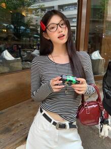 DAZY 女士圆领条纹韩版休闲长袖T恤，春秋装，秋季女装 - 灰色 - 查看 5