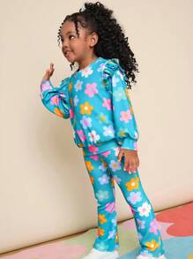 Set informal de sudadera y pantalones con volantes y estampado floral para niña - Multicolor - Ver 5