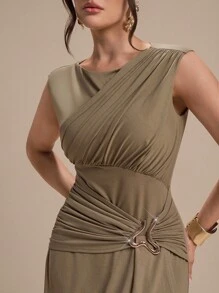 Modelyn Women's Elegant Sleeveless Olive Green Summer Bar Party Dress,Asymmetrical Pleated Metal Buttoned Cotton Old-Fashioned Style Fall Clothes - Army Green - View 1
