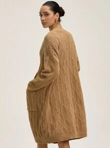 GENKIRA Cárdigan vintage de punto grueso con bolsillo grande, suéter abierto de longitud media elegante y tejido grueso para mujeres - Caqui - Ver 2