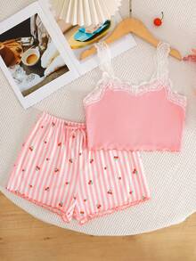 SHEIN 青少年女孩甜美撞色蕾丝花边吊带背心和印花短裤两件套睡衣套装，夏季 - 粉色 - 查看 1