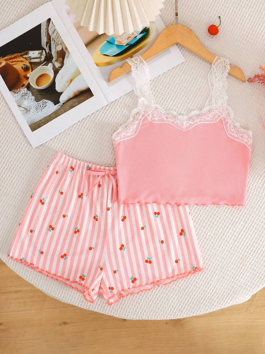SHEIN 青少年女孩甜美撞色蕾丝花边吊带背心和印花短裤两件套睡衣套装，夏季 - 粉色 - 查看 1