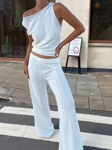 Siren Gaze 女式纯色不对称肩针织上衣和针织裤休闲度假套装，白色女式毛衣两件套，单肩针织上衣，白色毛衣裤套装，返校服，秋季女装白色裤子套装，全白派对装 - 米色 - 查看 1