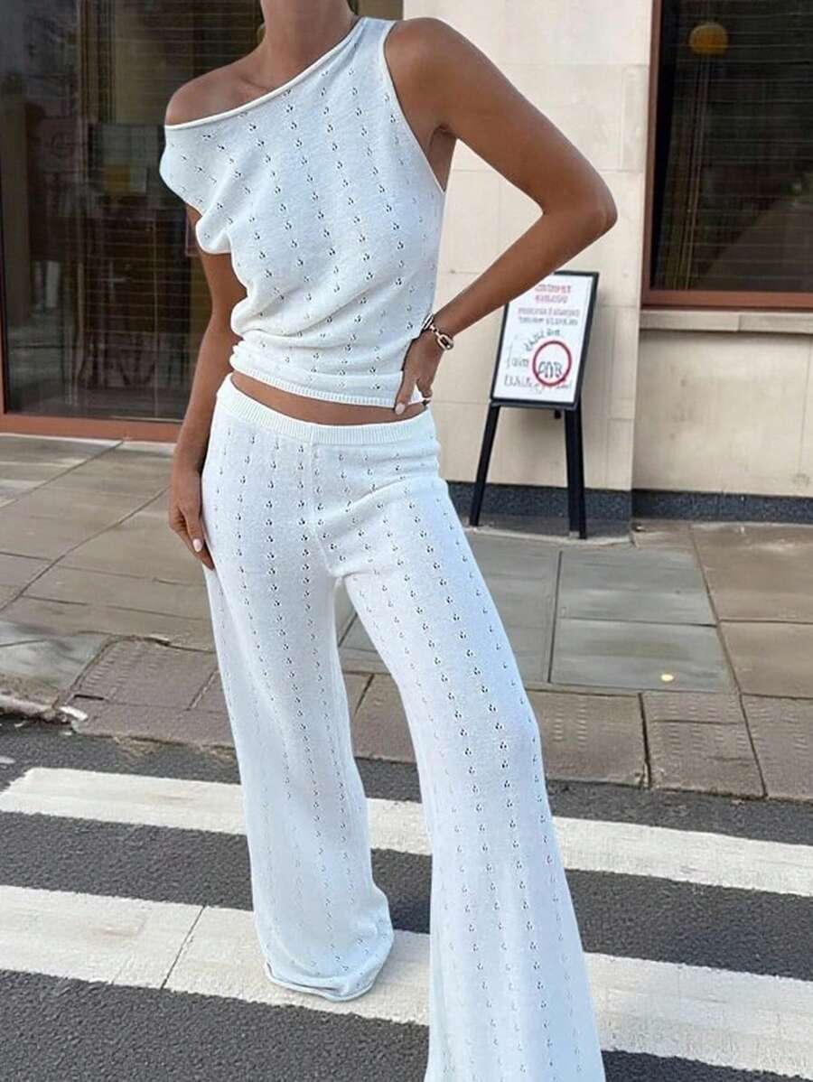 Siren Gaze 女式纯色不对称肩针织上衣和针织裤休闲度假套装，白色女式毛衣两件套，单肩针织上衣，白色毛衣裤套装，返校服，秋季女装白色裤子套装，全白派对装 - 米色 - 查看 1