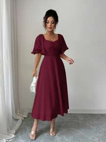 Modelyn Women's Solid Buttercup Yellow Chiffon Ruffle Sleeve Design Summer French Style Vacation Dress - Burgundy - View 4