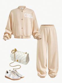 Tween Girl Casual Knit White Solid Stand Collar Long Sleeve Sweatshirt Set,Mommy And Me Matching Outfits,Autumn Back-To-School Winter Outfits,School - Beige - View 2