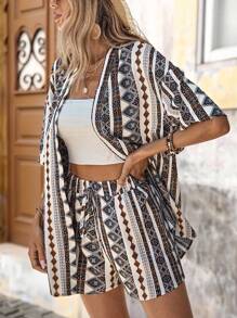 Brillora Geo Print Drop Shoulder Kimono & Tie Front Shorts - Multicolor - View 1