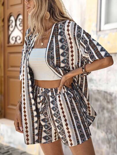 Brillora Geo Print Drop Shoulder Kimono & Tie Front Shorts