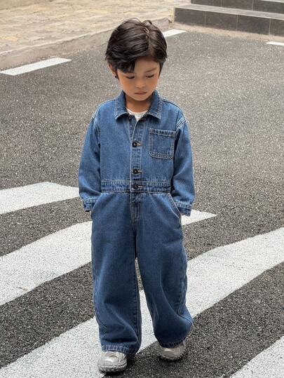 SHEIN Little Byeori 小男孩蓝色牛仔连体裤