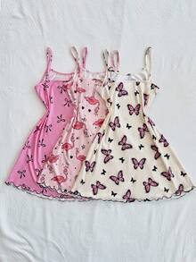 SHEIN Bộ 3 món Dream Adore: Áo ngủ hai dây in họa tiết bướm, nơ và hồng hạc - Nhiều màu - Xem 2