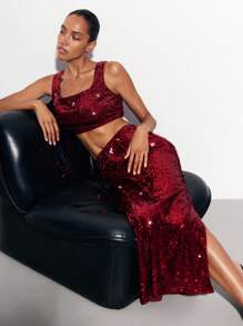 Maija Bộ đồ hai mảnh gồm áo tank top và chân váy đính sequin màu trơn dành cho nữ, thích hợp cho các bữa tiệc, bộ đồ hai mảnh lấp lánh, trang phục sequin đỏ dành cho nữ, trang phục sequin đỏ, quần áo Giáng sinh. - Màu Đỏ Sâu - Xem 5