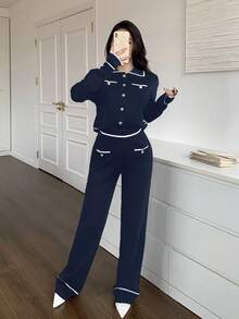 Feyla 2pcs Women Contrast Color Block Button Front Pocket Long Sleeve Top And Pants Set 2 Pieces Set In Fall/Winter - Blue - View 3
