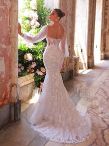 Glamrae Váy maxi đuôi cá tay bồng thêu ren sequin sang trọng, thanh lịch, phù hợp cho đám cưới, tiệc tùng, kỳ nghỉ, vũ hội, không phải đám cưới - Màu be - Xem 3