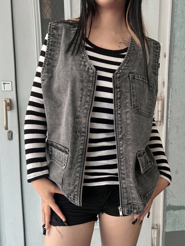 FRIFUL Women's Casual Washed Sleeveless Denim Top