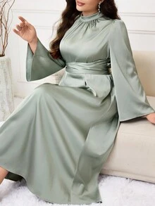 Modelyn Plus Size Women's Solid Color Stand Collar Flare Sleeve Ruched Elegant Dress - Green - View 7