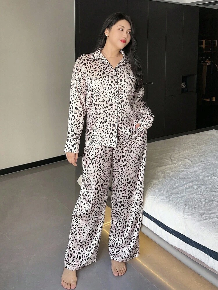 Dazy Plus Plus Size 2pcs Leopard Print Loose Long Sleeve Top And Pants Pajama Set, Autumn Sleepwear, Outfits, Fall Clothes