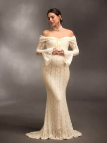 Cheriluna Maternity 优雅露肩白色蕾丝长袖美人鱼长裙，适合婚礼、派对、迎婴派对、孕妇写真拍摄、洗礼 - 杏色 - 查看 3