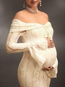 Cheriluna Maternity 优雅露肩白色蕾丝长袖美人鱼长裙，适合婚礼、派对、迎婴派对、孕妇写真拍摄、洗礼 - 杏色 - 查看 5
