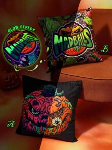 MADBALLS X SHEIN 1 Stück 45*45cm Plüschkissenbezug (ohne Kissenfüllung), Verrückter Augapfel & Kürbiskopf Muster Halloween Kissenbezug, fluoreszierender Digitaldruck Effekt, leuchtend & lebhaft, Halloween Dekoration