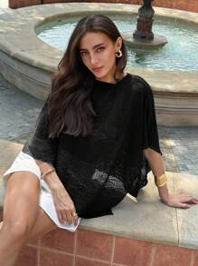 Aloruh Áo choàng cổ yếm dệt kim Jacquard khoét lỗ thời trang mới màu mơ đa năng, phong cách nghỉ dưỡng, nhẹ, mặc nhiều lần, áo thu - màu đen - Xem 6