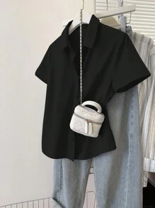 INAWLY Áo sơ mi nữ tay ngắn, cài nút đơn, dáng rộng, màu trơn, mùa hè - màu đen - Xem 3