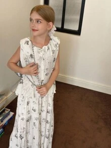 Hapijoa 2 件女童花卉荷叶边无袖上衣和裤子套装，夏季 - 白色 - 查看 6