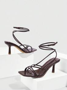 CUCCOO SZL Square Toe Low Heel Minimalist Brown PU Strap Women's High Heel Sandals For Christmas Spring Shoes - Brown - View 5