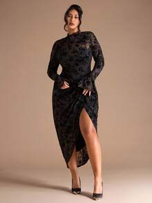 SHEIN BAE Plus Size Women's Early Autumn Flocked Flared Sleeve Stand Collar Split Pleated Dress/Wedding Guest Dress Women,Wedding Guest Dress,Fall Wedding Guest Dress,Plus Size Woman Dresses,Dresses Classy Elegant/Long Sleeve Dress ,Curvy Elegant Dresses For Party,Valentine's Day,Valentine Outfits For Women