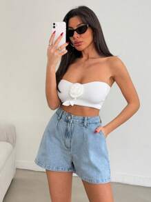 EURMUSE 女士口袋设计褶皱宽松休闲牛仔短裤