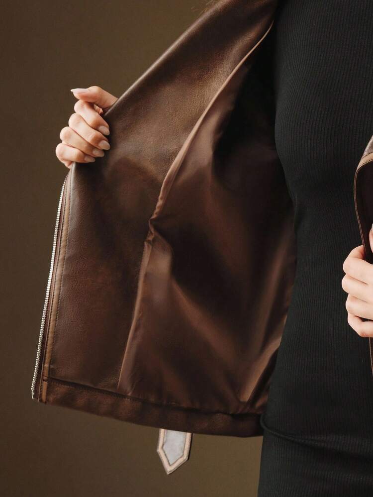 Women's Fashionable Modern Patchwork Oblique Zipper Short Leather Jacket, Suitable For Autumn, Fall, Winter, Going Out, Elegant, Formal, Party, Chic, New Year, Women's Winter Jacket, Christmas, Work, Graduation, Wedding, Women's Winter Clothes